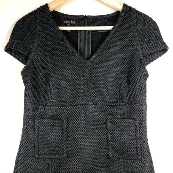 Escada Mesh Sheath Dress Patch Pockets Black Cap Sleeve 34 - Picture 2 of 8